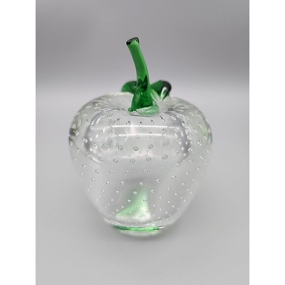 Art Glass Apple Bullicante Paperweight Clear Green Stem 4.5" Contolled Bubbles - Picture 2 of 12